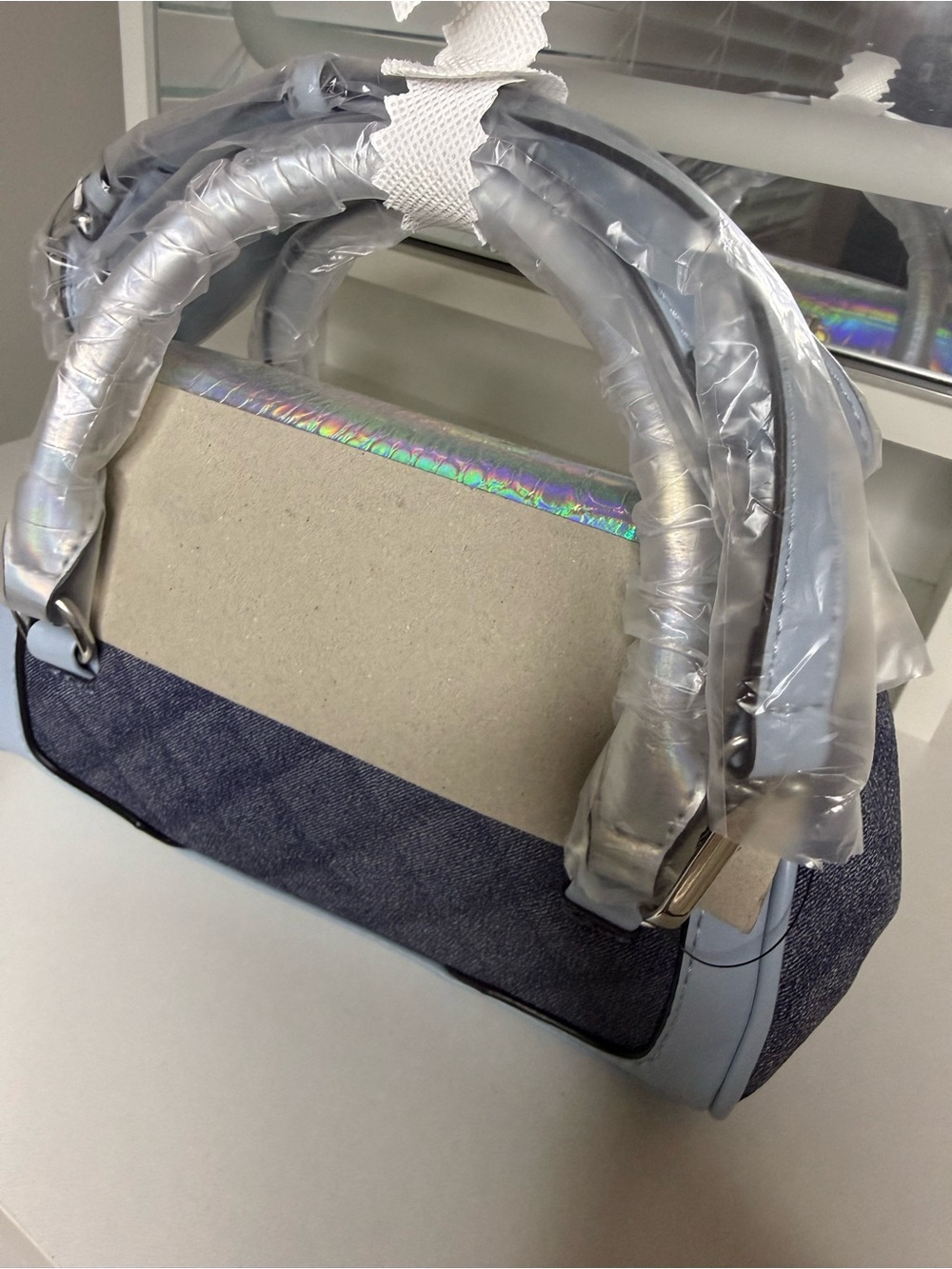 Aris Iridescent Flap Denim Satchel in Light Blue - Picture 5 of 9